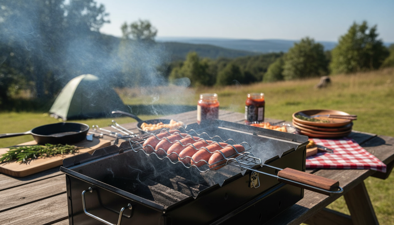 BBQ & Camp Grilling Basket: Stainless Steel, Wood Handle