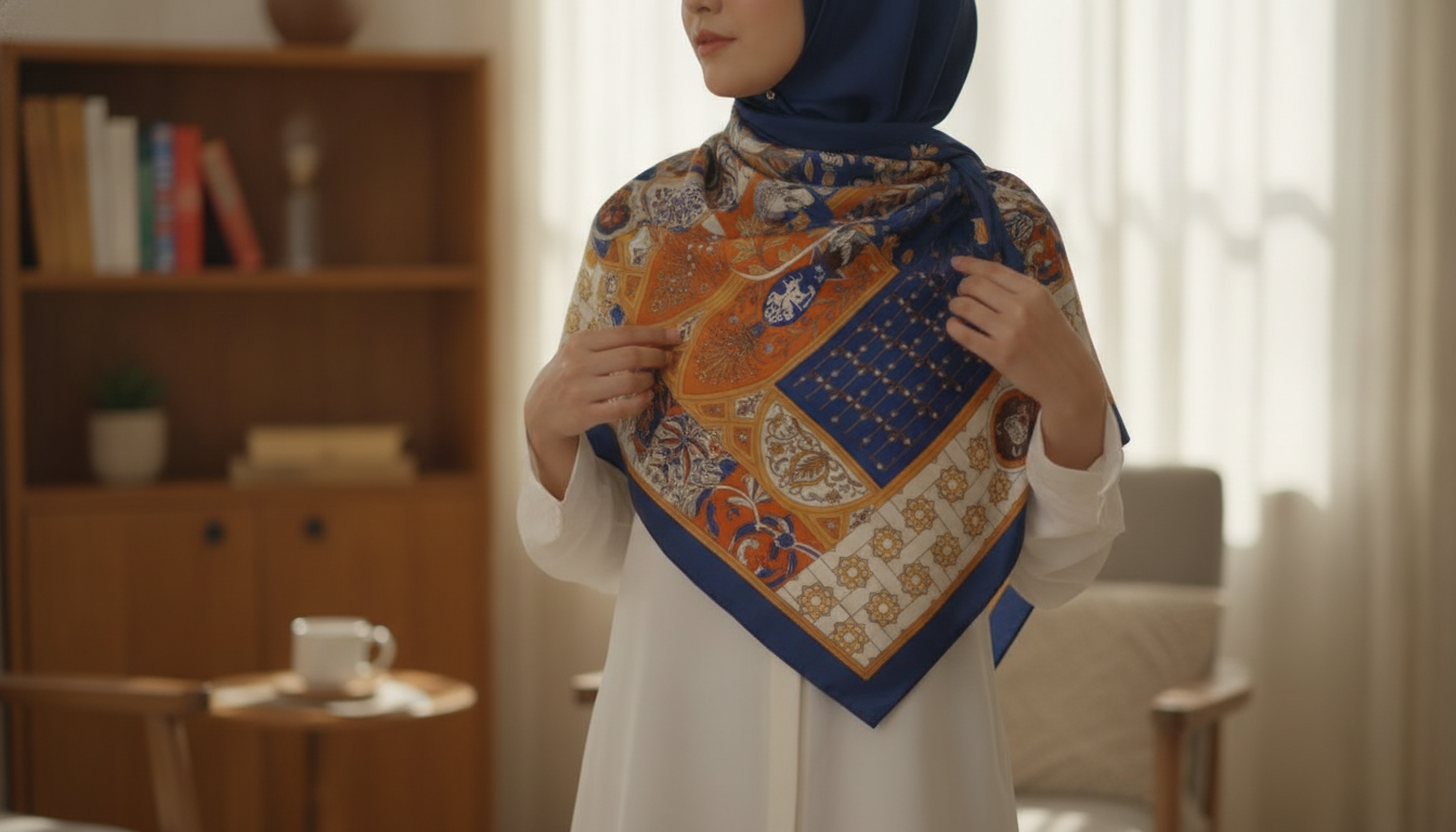 Twill Silk Square Scarf: Hand-Rolled Hem Hijab Style